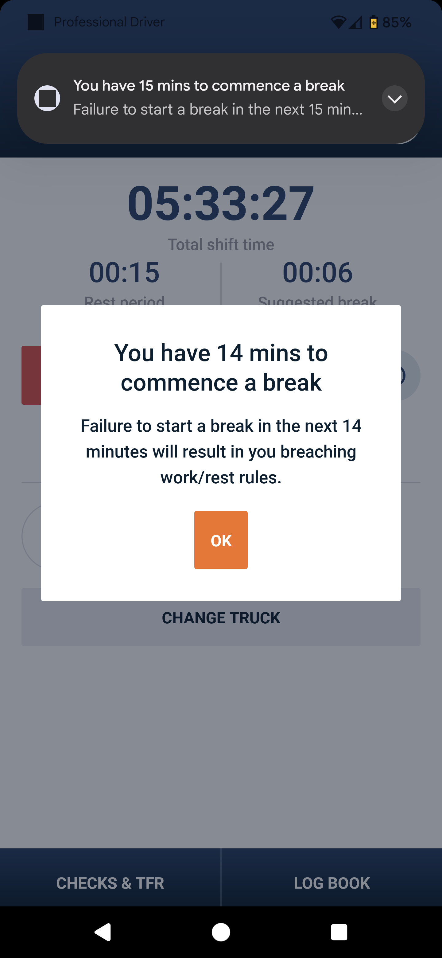 Driver App 14 Minute Reminder