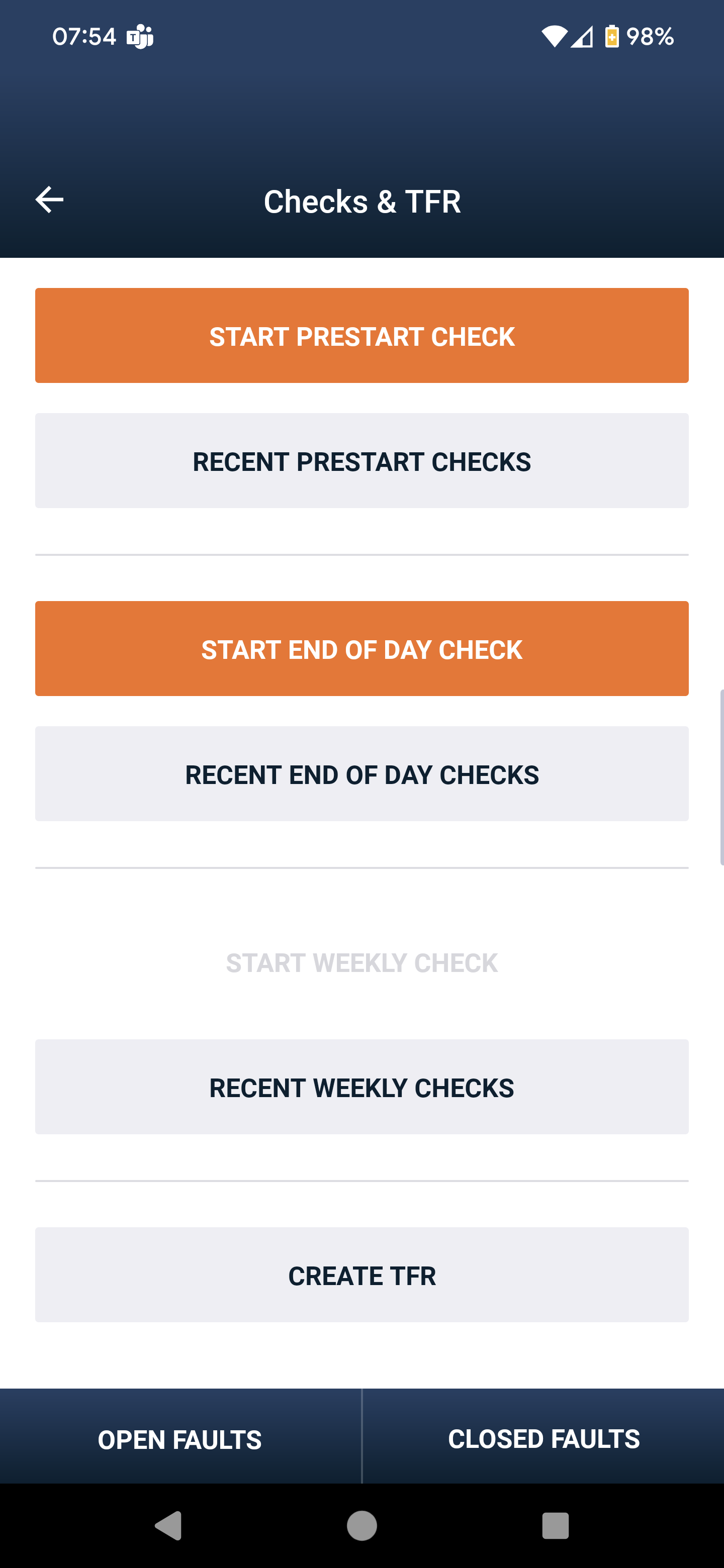 Driver App TFR Menu