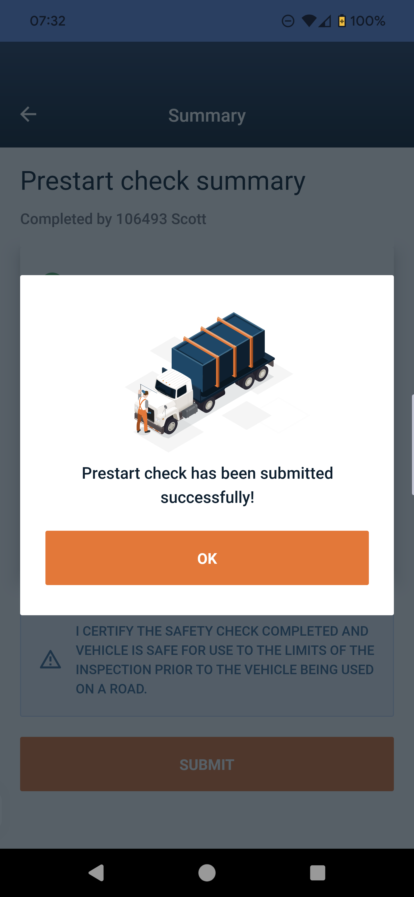 Driver App Prestart Success