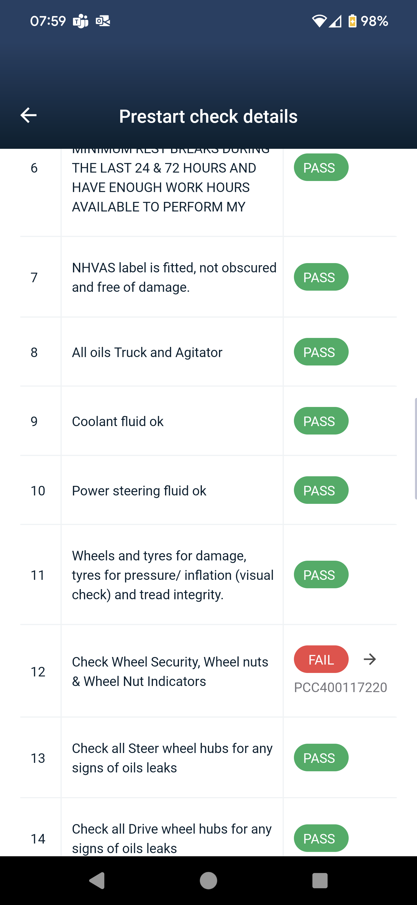Driver App Prestart Details