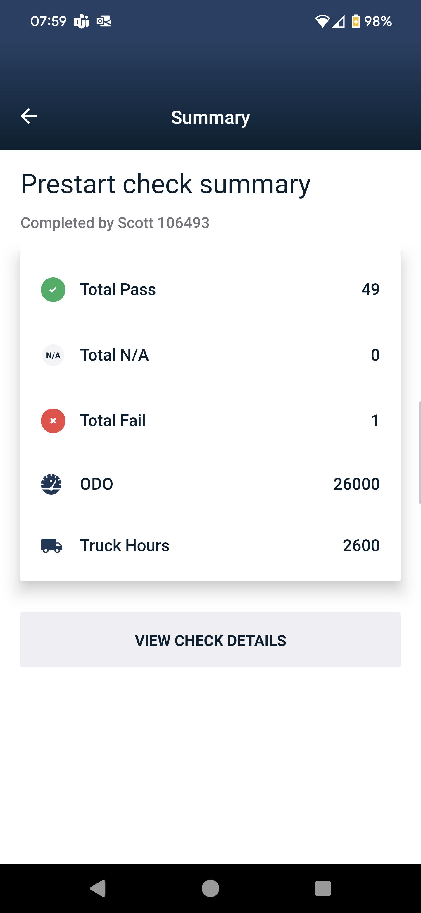Driver App Prestart Check Summary