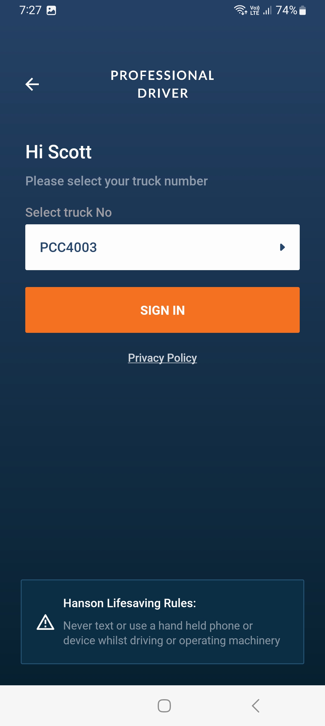 Driver App Login Truck Selection