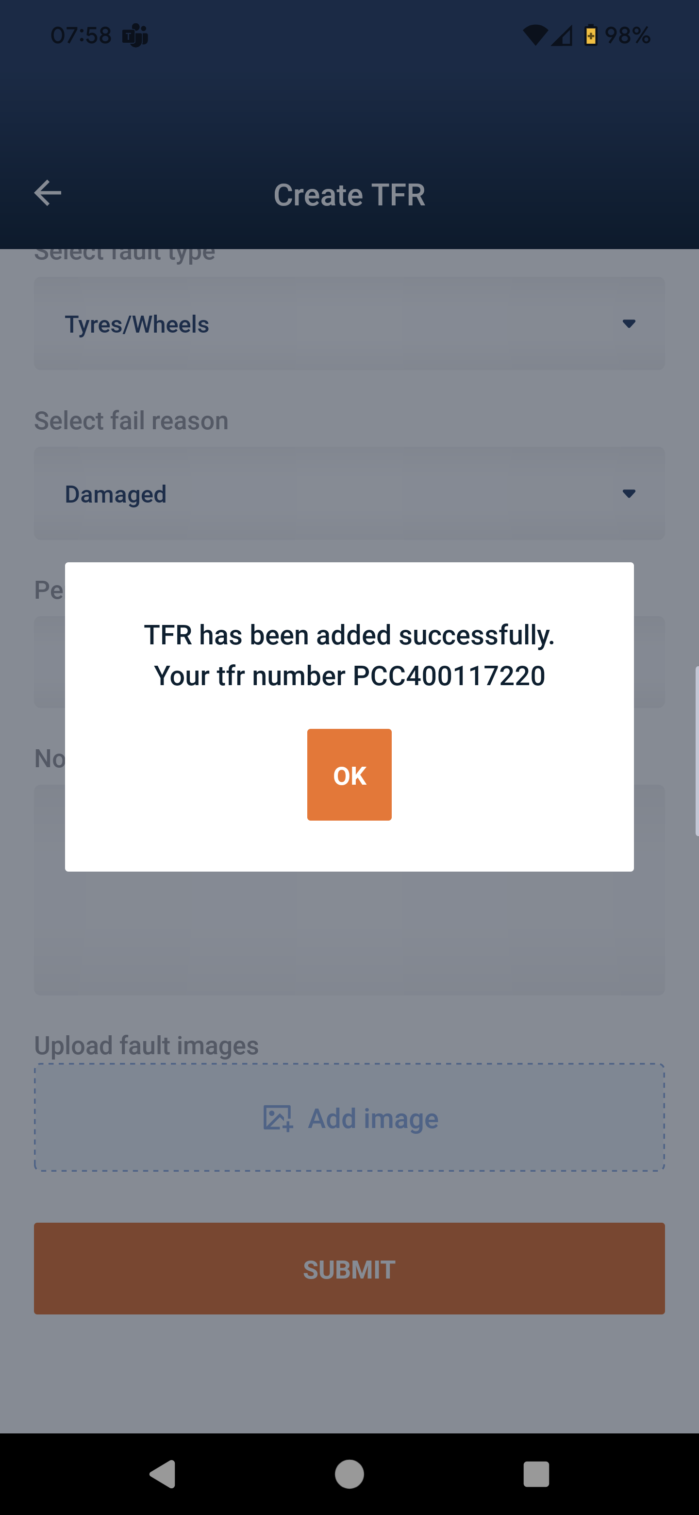Driver App Creating a TFR Success Notification
