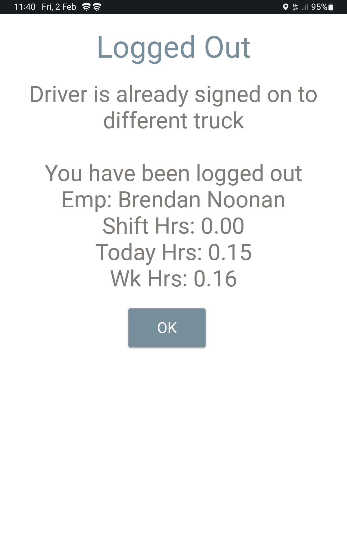 Error Employee In Use Error Driver is Already Signed on to different Truck Screen Capture