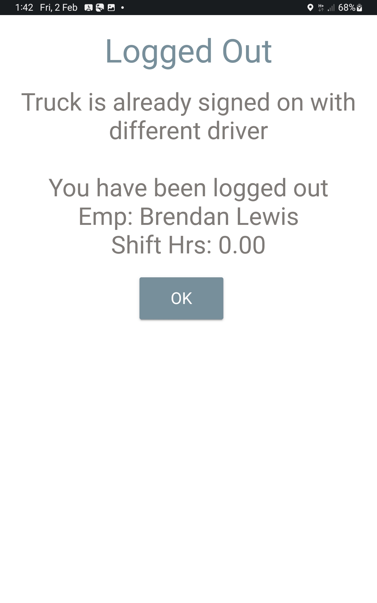 Error Truck In Use Error Truck is already Signed on with different Driver Screen Capture
